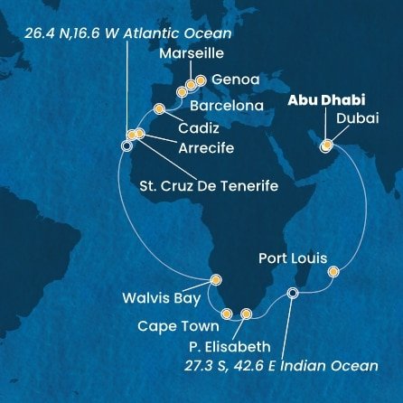 Spojené arabské emiráty, Mauricius, Jihoafrická republika, Namibie, Španělsko, Itálie, Francie z Abu Dhabi na lodi Costa Toscana