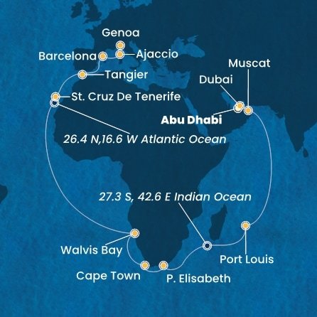 Spojené arabské emiráty, Omán, Mauricius, Jihoafrická republika, Namibie, Španělsko, Maroko, Francie, Itálie z Abu Dhabi na lodi Costa Smeralda