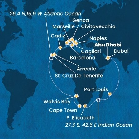 Spojené arabské emiráty, Mauricius, Jihoafrická republika, Namibie, Španělsko, Itálie, Francie z Abu Dhabi na lodi Costa Toscana