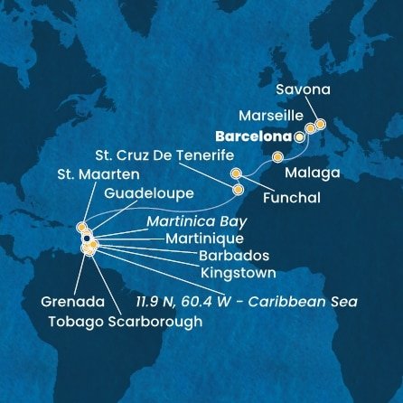 Španělsko, Francie, Itálie, Portugalsko, Svatý Martin, Martinik, Guadeloupe, Zámořské společenství Francie, Trinidad a Tobago, Grenada, Svatý Vincenc a Grenadiny, Barbados z Barcelony na lodi Costa Fortuna