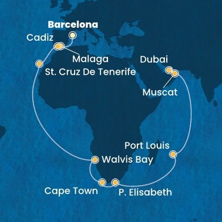 Španělsko, Namibie, Jihoafrická republika, Mauricius, Omán, Spojené arabské emiráty z Barcelony na lodi Costa Toscana