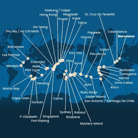 Španělsko, Maroko, Barbados, Kolumbie, Panama, Ekvádor, Peru, Chile, Zámořské území Velké Británie, Francouzská Polynésie, Zámořské společenství Francie, Samoa, Tonga, Fidži, Vanuatská republika, Nová Kaledonie, Austrálie, Papua Nová Guinea, Japonsko, Jižní Korea, Tchaj-wan, Čína, Vietnam, Singapur, Malajsie, Srí Lanka, Maledivy, Mauricius, Jihoafrická republika, Namibie, Kapverdy z Barcelony na lodi Costa Deliziosa