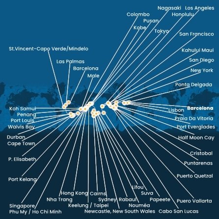 Španělsko, Portugalsko, USA, , Panama, Kostarika, Guatemala, Mexiko, Francouzská Polynésie, Fidži, Nová Kaledonie, Austrálie, Papua Nová Guinea, Japonsko, Jižní Korea, Tchaj-wan, Čína, Vietnam, Thajsko, Singapur, Malajsie, Srí Lanka, Maledivy, Mauricius, Jihoafrická republika, Namibie, Kapverdy z Barcelony na lodi Costa Deliziosa