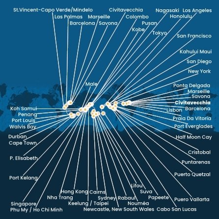 Itálie, Francie, Španělsko, Portugalsko, USA, , Panama, Kostarika, Guatemala, Mexiko, Francouzská Polynésie, Fidži, Nová Kaledonie, Austrálie, Papua Nová Guinea, Japonsko, Jižní Korea, Tchaj-wan, Čína, Vietnam, Thajsko, Singapur, Malajsie, Srí Lanka, Maledivy, Mauricius, Jihoafrická republika, Namibie, Kapverdy z Civitavecchia na lodi Costa Deliziosa