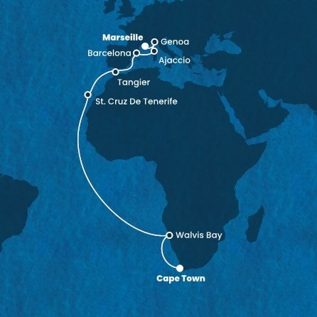 Jihoafrická republika, Namibie, Španělsko, Maroko, Francie, Itálie z Kapského Města na lodi Costa Smeralda