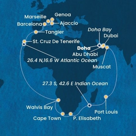 Katar, Spojené arabské emiráty, Omán, Mauricius, Jihoafrická republika, Namibie, Španělsko, Maroko, Francie, Itálie z Dohy na lodi Costa Smeralda