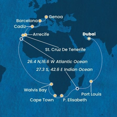 Spojené arabské emiráty, Mauricius, Jihoafrická republika, Namibie, Španělsko, Itálie z Dubaje na lodi Costa Toscana