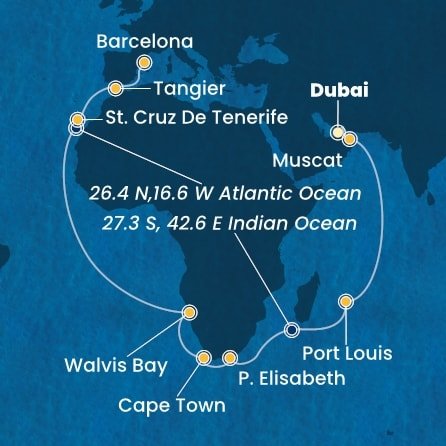 Spojené arabské emiráty, Omán, Mauricius, Jihoafrická republika, Namibie, Španělsko, Maroko z Dubaje na lodi Costa Smeralda