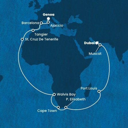 Spojené arabské emiráty, Omán, Mauricius, Jihoafrická republika, Namibie, Španělsko, Maroko, Francie, Itálie z Dubaje na lodi Costa Smeralda