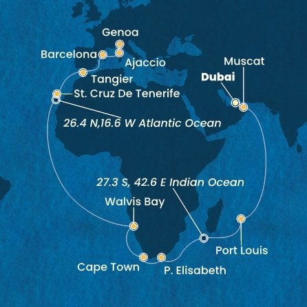 Spojené arabské emiráty, Omán, Mauricius, Jihoafrická republika, Namibie, Španělsko, Maroko, Francie, Itálie z Dubaje na lodi Costa Smeralda