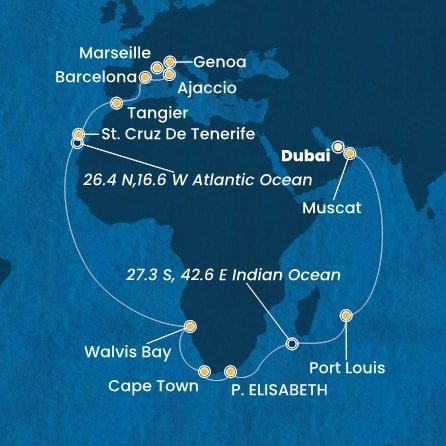 Spojené arabské emiráty, Omán, Mauricius, Jihoafrická republika, Namibie, Španělsko, Maroko, Francie, Itálie z Dubaje na lodi Costa Smeralda