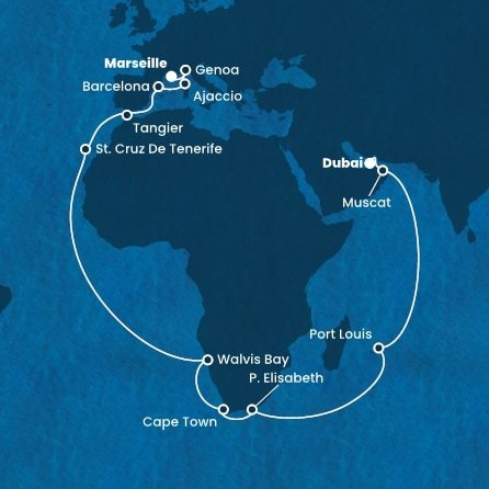 Spojené arabské emiráty, Omán, Mauricius, Jihoafrická republika, Namibie, Španělsko, Maroko, Francie, Itálie z Dubaje na lodi Costa Smeralda