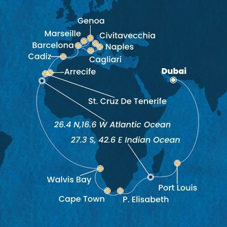 Spojené arabské emiráty, Mauricius, Jihoafrická republika, Namibie, Španělsko, Itálie, Francie z Dubaje na lodi Costa Toscana