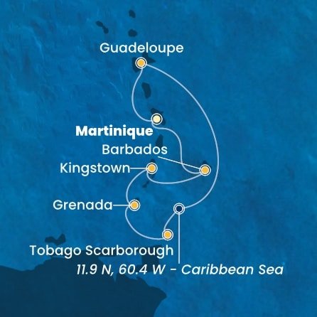 Martinik, Guadeloupe, Zámořské společenství Francie, Trinidad a Tobago, Grenada, Svatý Vincenc a Grenadiny, Barbados z Fort-de-France, Martinik na lodi Costa Fortuna