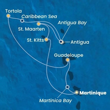 Martinik, Zámořské společenství Francie, Guadeloupe, Britské Panenské ostrovy, , Antigua a Barbuda, Svatý Martin, Svatý Kryštof a Nevis z Fort-de-France, Martinik na lodi Costa Fortuna