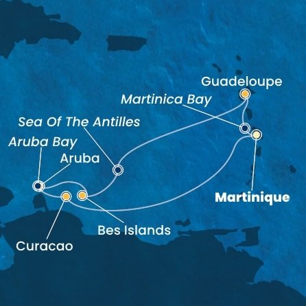 Martinik, Zámořské společenství Francie, Guadeloupe, Bonaire, Aruba, Autonomní státy Nizozemska, Curacao z Fort-de-France, Martinik na lodi Costa Fortuna