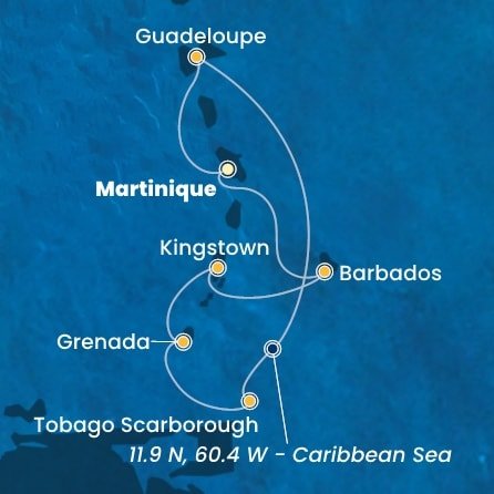 Martinik, Guadeloupe, Zámořské společenství Francie, Trinidad a Tobago, Grenada, Svatý Vincenc a Grenadiny, Barbados z Fort-de-France, Martinik na lodi Costa Fortuna