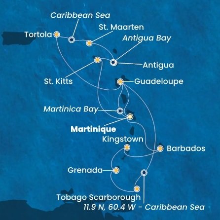 Martinik, Zámořské společenství Francie, Guadeloupe, Britské Panenské ostrovy, , Svatý Martin, Antigua a Barbuda, Svatý Kryštof a Nevis, Trinidad a Tobago, Grenada, Svatý Vincenc a Grenadiny, Barbados z Fort-de-France, Martinik na lodi Costa Fortuna