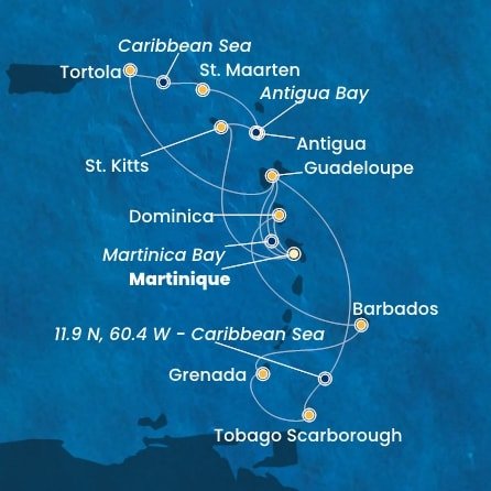 Martinik, Zámořské společenství Francie, Guadeloupe, Britské Panenské ostrovy, , Svatý Martin, Antigua a Barbuda, Svatý Kryštof a Nevis, Trinidad a Tobago, Grenada, Barbados, Dominika z Fort-de-France, Martinik na lodi Costa Fortuna