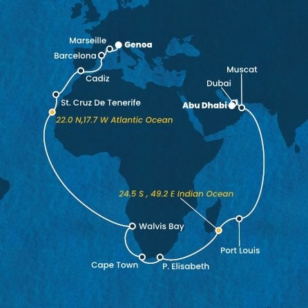 Itálie, Francie, Španělsko, Namibie, Jihoafrická republika, , Mauricius, Omán, Spojené arabské emiráty z Janova na lodi Costa Smeralda