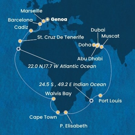 Itálie, Francie, Španělsko, Namibie, Jihoafrická republika, , Mauricius, Omán, Spojené arabské emiráty, Katar z Janova na lodi Costa Smeralda