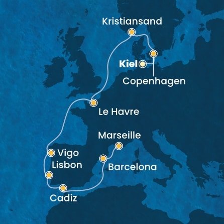 Německo, Dánsko, Norsko, Francie, Španělsko, Portugalsko z Kielu na lodi Costa Diadema