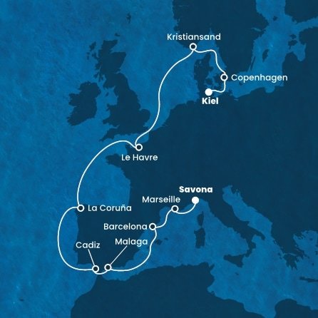 Německo, Dánsko, Norsko, Francie, Španělsko, Itálie z Kielu na lodi Costa Diadema