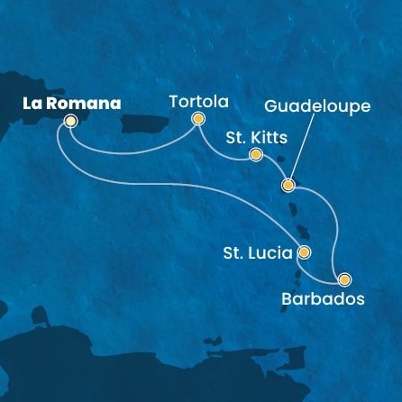 Dominikánská republika, Svatá Lucie, Barbados, Guadeloupe, Svatý Kryštof a Nevis, Britské Panenské ostrovy z La Romany na lodi Costa Pacifica