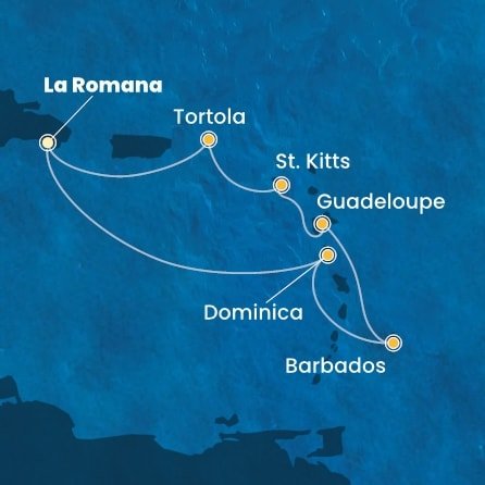 Dominikánská republika, Dominika, Barbados, Guadeloupe, Svatý Kryštof a Nevis, Britské Panenské ostrovy z La Romany na lodi Costa Pacifica