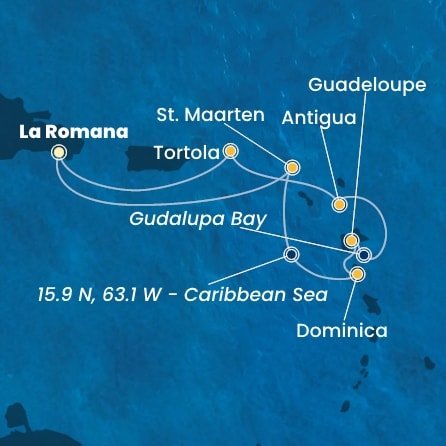 Dominikánská republika, Svatý Martin, Dominika, Guadeloupe, Zámořské společenství Francie, Antigua a Barbuda, Britské Panenské ostrovy z La Romany na lodi Costa Fascinosa