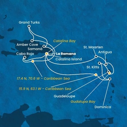 Dominikánská republika, , Dominika, Svatý Kryštof a Nevis, Guadeloupe, Antigua a Barbuda, Svatý Martin, Zámořské území Velké Británie z La Romany na lodi Costa Fascinosa