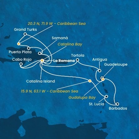 Dominikánská republika, Zámořské území Velké Británie, , Svatá Lucie, Barbados, Guadeloupe, Antigua a Barbuda, Britské Panenské ostrovy z La Romany na lodi Costa Fascinosa