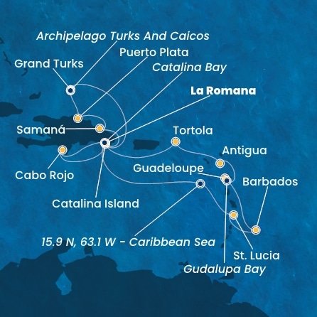 Dominikánská republika, Svatá Lucie, Barbados, Guadeloupe, Zámořské společenství Francie, Antigua a Barbuda, Britské Panenské ostrovy, Zámořské území Velké Británie z La Romany na lodi Costa Fascinosa