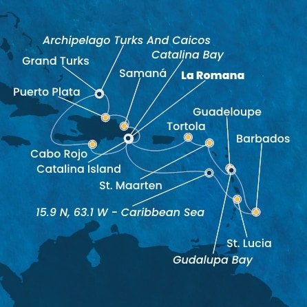 Dominikánská republika, Svatá Lucie, Barbados, Guadeloupe, Zámořské společenství Francie, Svatý Martin, Britské Panenské ostrovy, Zámořské území Velké Británie z La Romany na lodi Costa Fascinosa