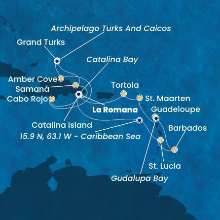 Dominikánská republika, Zámořské území Velké Británie, Svatá Lucie, Barbados, Guadeloupe, Zámořské společenství Francie, Svatý Martin, Britské Panenské ostrovy z La Romany na lodi Costa Fascinosa