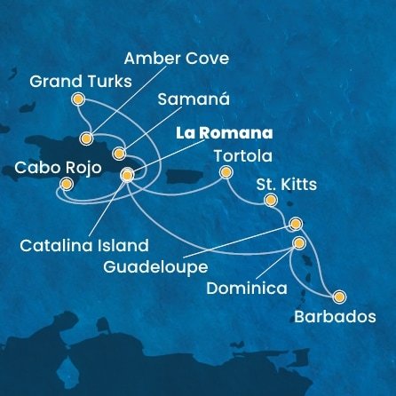 Dominikánská republika, Zámořské území Velké Británie, Dominika, Barbados, Guadeloupe, Svatý Kryštof a Nevis, Britské Panenské ostrovy z La Romany na lodi Costa Pacifica