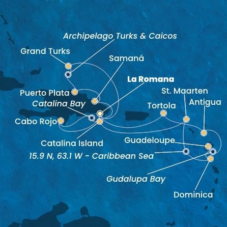 Dominikánská republika, Svatý Martin, Dominika, Guadeloupe, Zámořské společenství Francie, Antigua a Barbuda, Britské Panenské ostrovy, Zámořské území Velké Británie z La Romany na lodi Costa Fascinosa