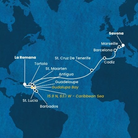 Dominikánská republika, Svatá Lucie, Barbados, Guadeloupe, Zámořské společenství Francie, Antigua a Barbuda, Britské Panenské ostrovy, Svatý Martin, Španělsko, Francie, Itálie z La Romany na lodi Costa Fascinosa