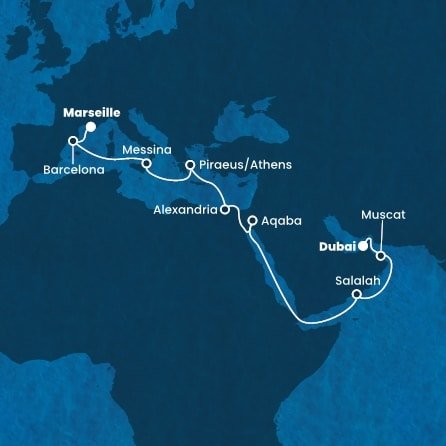 Francie, Španělsko, Itálie, Řecko, Egypt, Jordánsko, Omán, Spojené arabské emiráty z Marseille na lodi Costa Toscana