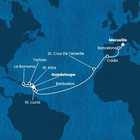 Francie, Španělsko, Barbados, Guadeloupe, Svatý Kryštof a Nevis, Britské Panenské ostrovy, Dominikánská republika, Svatá Lucie z Marseille na lodi Costa Fascinosa