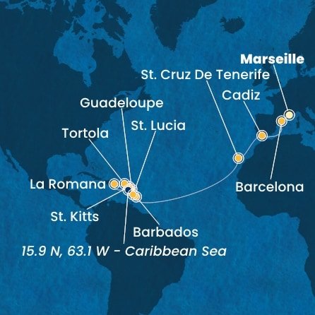 Francie, Španělsko, Barbados, Guadeloupe, Svatý Kryštof a Nevis, Britské Panenské ostrovy, Dominikánská republika, Svatá Lucie z Marseille na lodi Costa Fascinosa