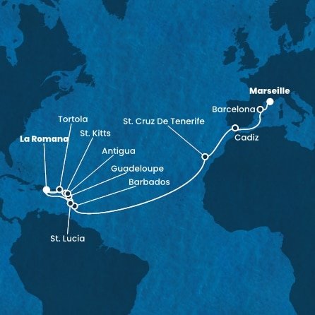 Francie, Španělsko, Barbados, Guadeloupe, Svatý Kryštof a Nevis, Britské Panenské ostrovy, Dominikánská republika, Svatá Lucie, Antigua a Barbuda z Marseille na lodi Costa Fascinosa