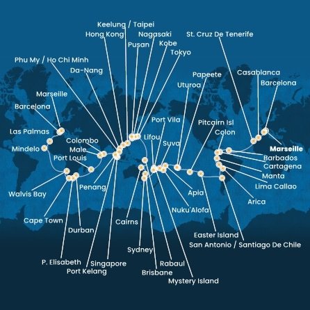 Francie, Španělsko, Maroko, Barbados, Kolumbie, Panama, Ekvádor, Peru, Chile, Zámořské území Velké Británie, Francouzská Polynésie, Zámořské společenství Francie, Samoa, Tonga, Fidži, Vanuatská republika, Nová Kaledonie, Austrálie, Papua Nová Guinea, Japonsko, Jižní Korea, Tchaj-wan, Čína, Vietnam, Singapur, Malajsie, Srí Lanka, Maledivy, Mauricius, Jihoafrická republika, Namibie, Kapverdy z Marseille na lodi Costa Deliziosa