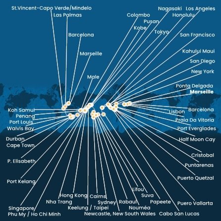 Francie, Španělsko, Portugalsko, USA, , Panama, Kostarika, Guatemala, Mexiko, Francouzská Polynésie, Fidži, Nová Kaledonie, Austrálie, Papua Nová Guinea, Japonsko, Jižní Korea, Tchaj-wan, Čína, Vietnam, Thajsko, Singapur, Malajsie, Srí Lanka, Maledivy, Mauricius, Jihoafrická republika, Namibie, Kapverdy z Marseille na lodi Costa Deliziosa