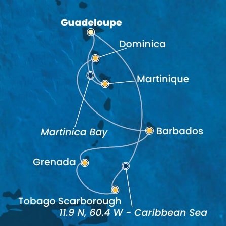 Guadeloupe, Zámořské společenství Francie, Trinidad a Tobago, Grenada, Barbados, Dominika, Martinik z Pointe-à-Pitre, Guadeloupe na lodi Costa Fortuna