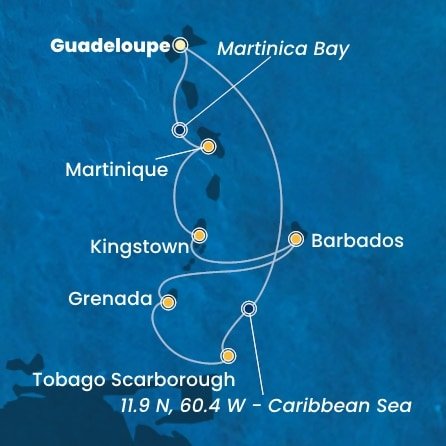 Guadeloupe, Zámořské společenství Francie, Trinidad a Tobago, Grenada, Barbados, Svatý Vincenc a Grenadiny, Martinik z Pointe-à-Pitre, Guadeloupe na lodi Costa Fortuna