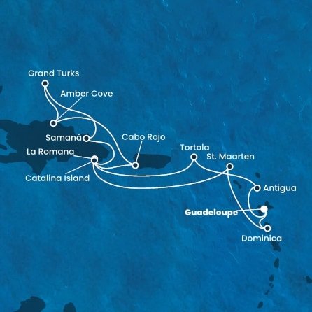 Guadeloupe, Antigua a Barbuda, Britské Panenské ostrovy, Dominikánská republika, Zámořské území Velké Británie, Svatý Martin, Dominika z Pointe-à-Pitre, Guadeloupe na lodi Costa Fascinosa