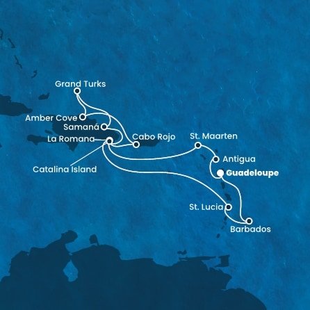 Guadeloupe, Antigua a Barbuda, Svatý Martin, Dominikánská republika, Zámořské území Velké Británie, Svatá Lucie, Barbados z Pointe-à-Pitre, Guadeloupe na lodi Costa Fascinosa