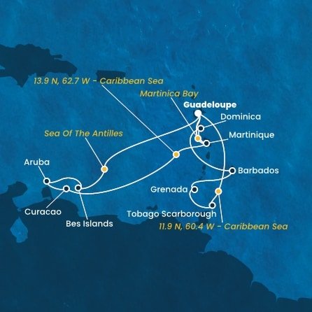 Guadeloupe, , Bonaire, Aruba, Curacao, Martinik, Trinidad a Tobago, Grenada, Barbados, Dominika z Pointe-à-Pitre, Guadeloupe na lodi Costa Fortuna