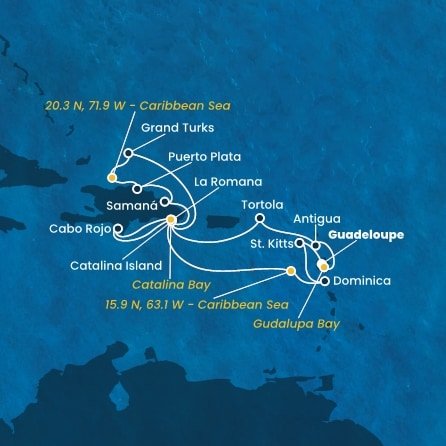 Guadeloupe, , Antigua a Barbuda, Britské Panenské ostrovy, Dominikánská republika, Zámořské území Velké Británie, Dominika, Svatý Kryštof a Nevis z Pointe-à-Pitre, Guadeloupe na lodi Costa Fascinosa
